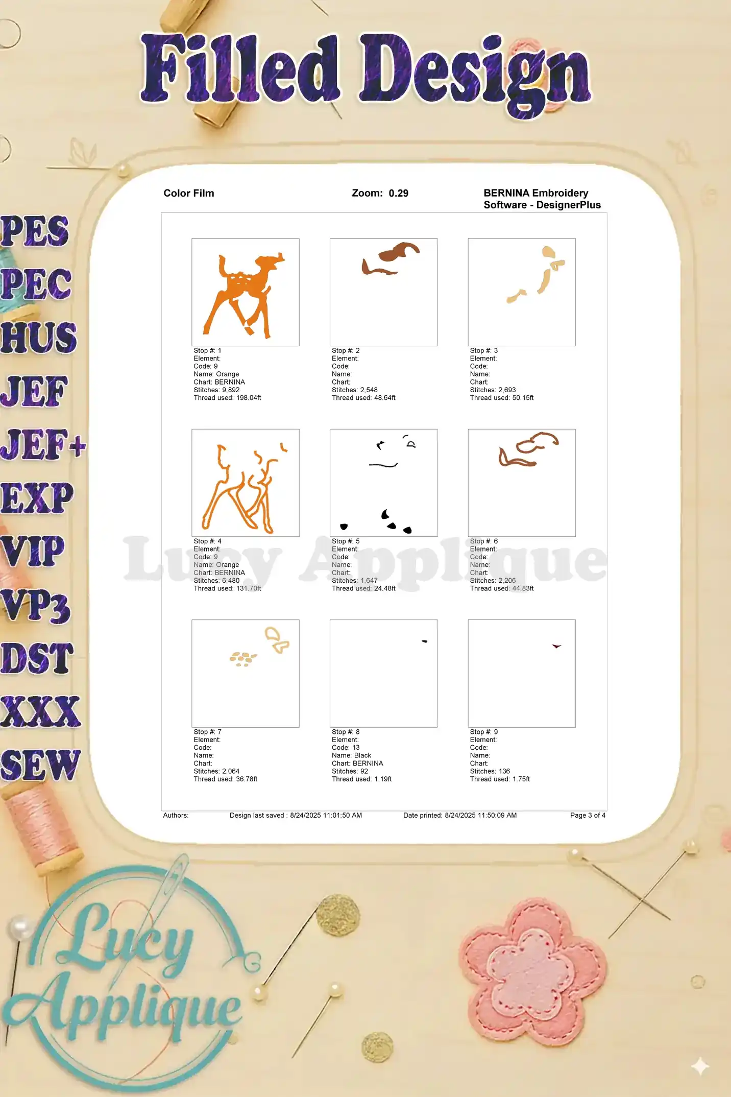 A color film showing the thread colors and their respective stitching sequence for the Bambi embroidery design.