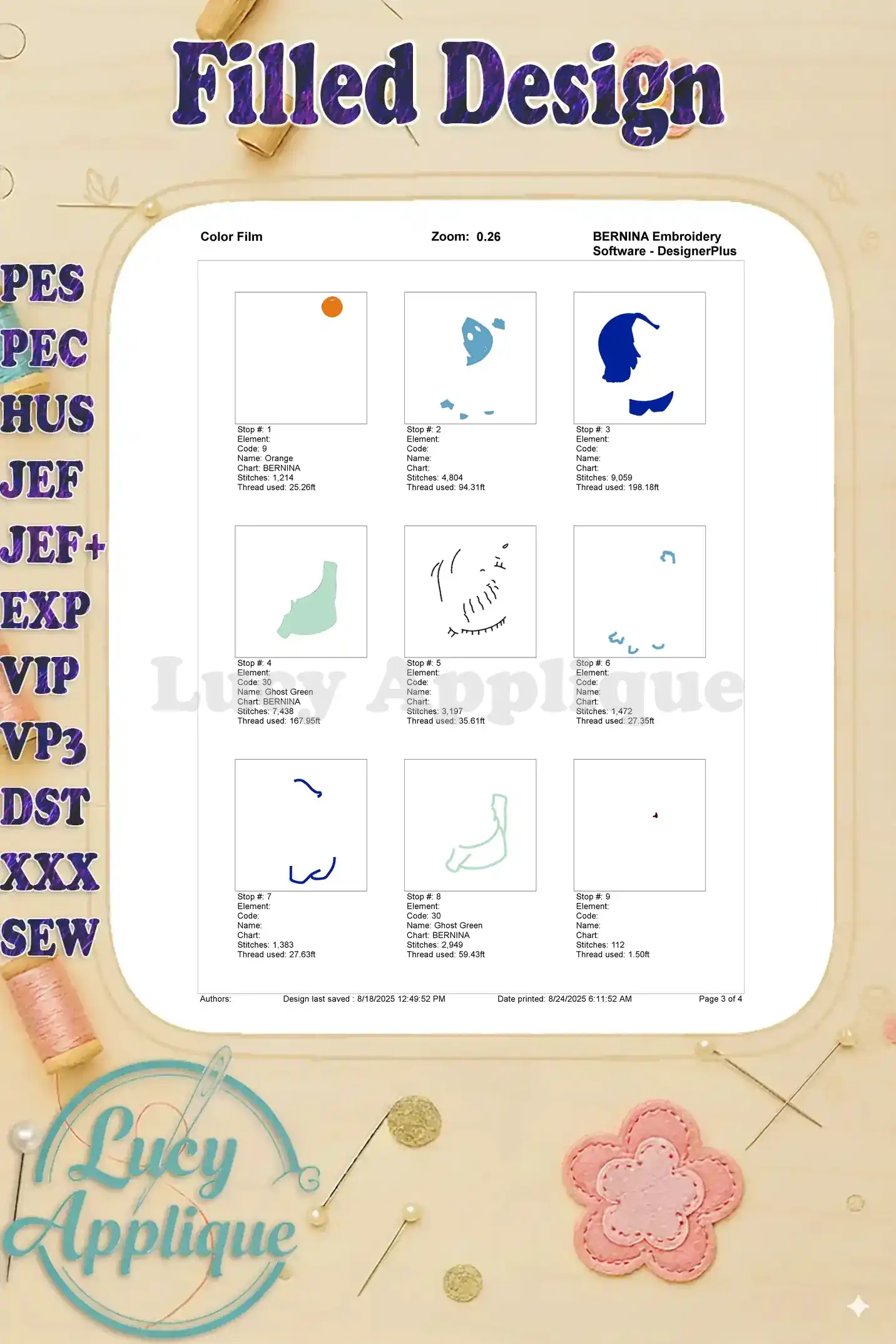 Color film for the Sadness embroidery design, showing individual color sections and thread codes for easy reference.