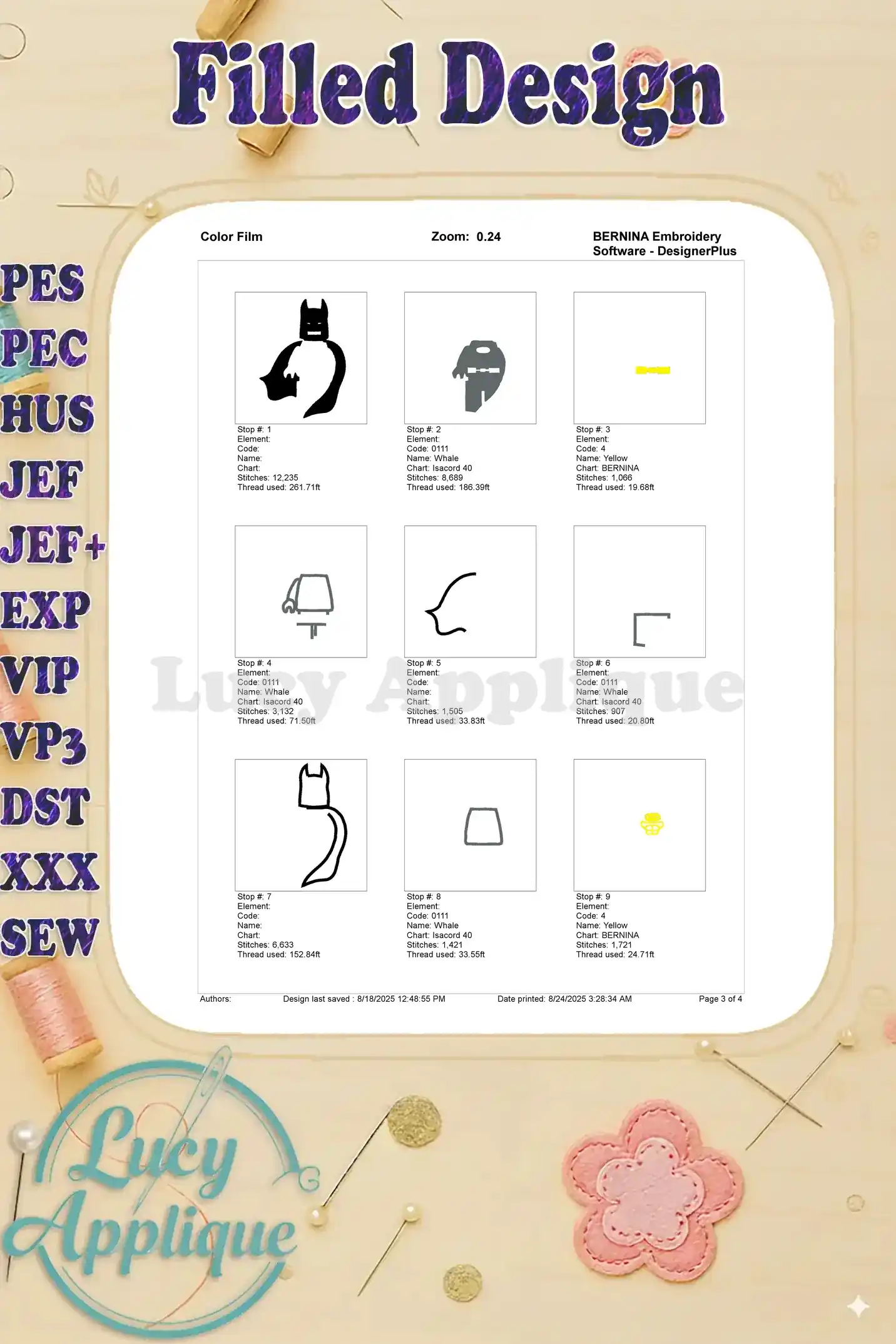 Color film for the LEGO Batman embroidery design, showing thread colors and their corresponding stitch areas. Provides a visual guide for thread selection.