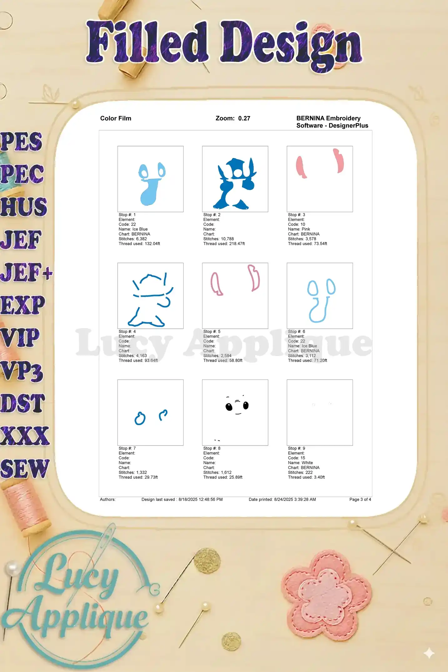 Color film showing the different steps and color sequences for the Lilo & Stitch embroidery design. Each step is clearly labeled and illustrated for easy reference.