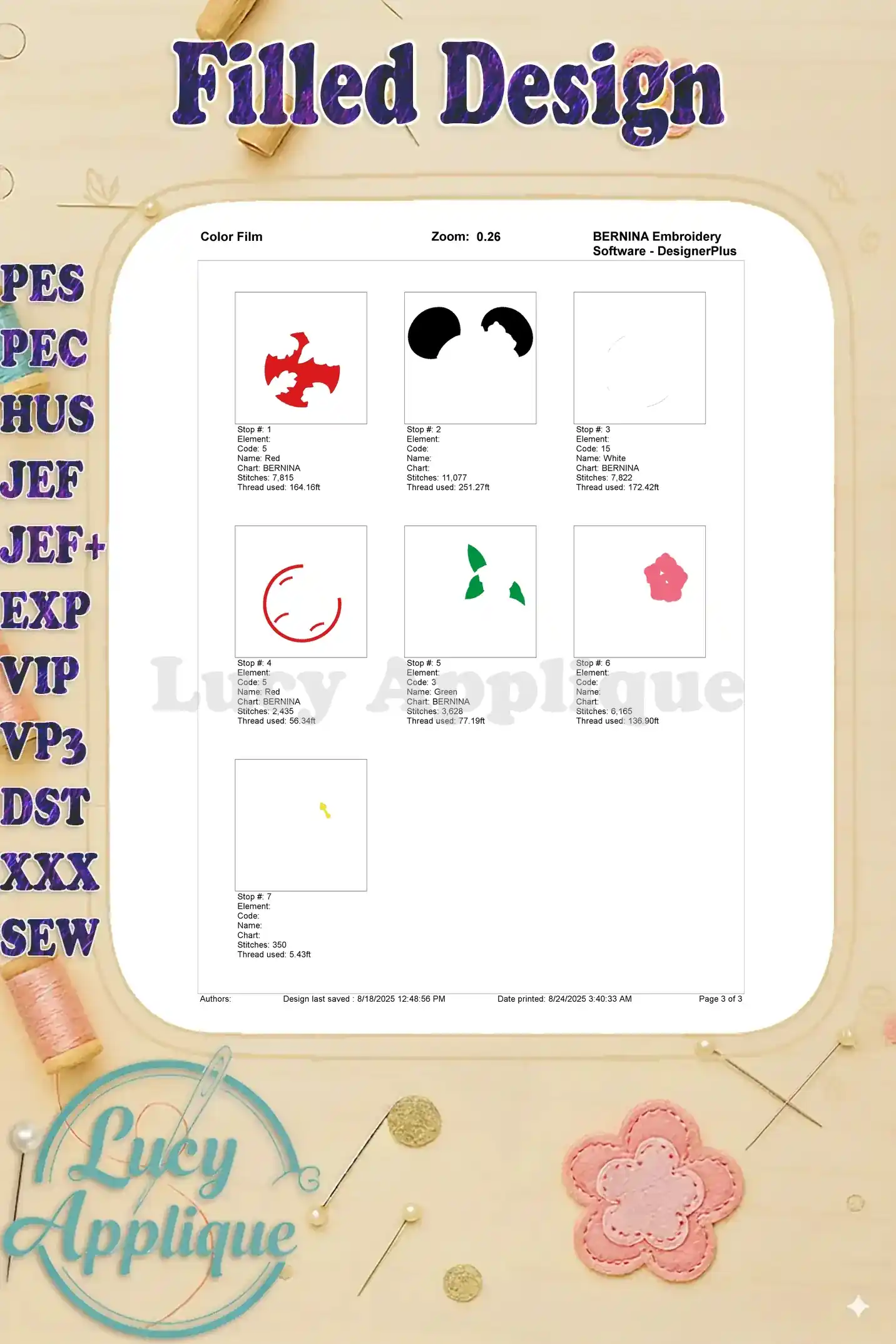 Detailed color film showing thread colors and their corresponding numbers for the Lilo and Stitch Mickey embroidery design.