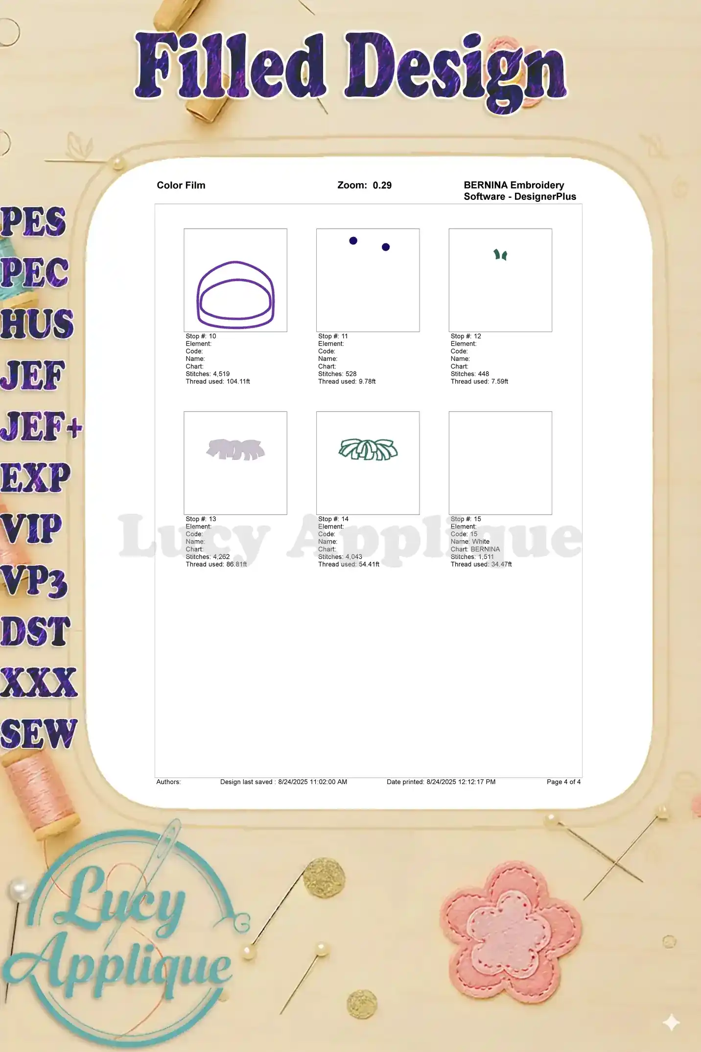 Another section of the color film, guiding the user through the remaining steps of the embroidery process for the Boo Monsters Inc emoji design.