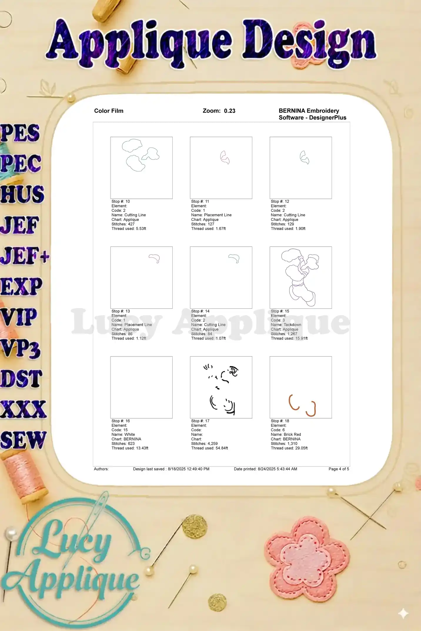Color film (continued) showing the steps and thread colors for embroidering the Popeye applique design.
