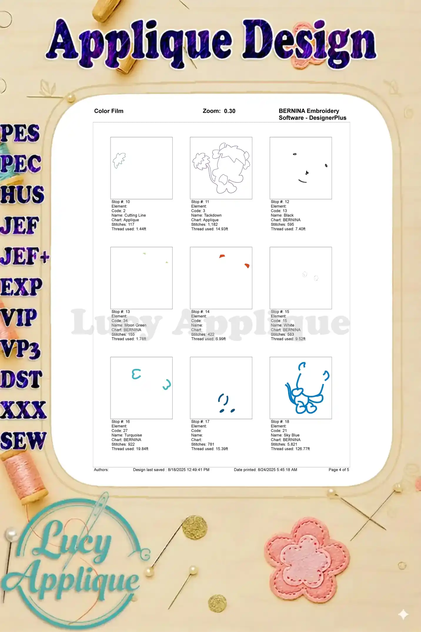 Color film showing the steps and thread colors for embroidering the Popples applique. Each step is clearly illustrated, making the process easy to follow. This visual guide enhances the precision and accuracy of the embroidery process.