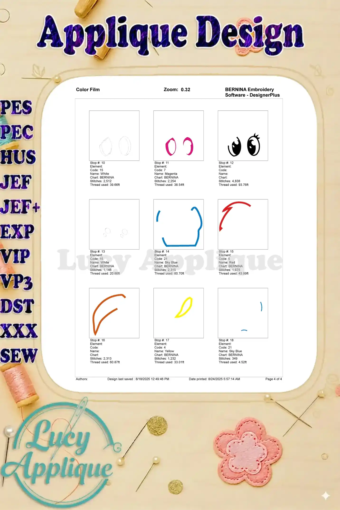 Color film for the Rainbow Dash My Little Pony applique embroidery design. This film details the steps involved in embroidering Rainbow Dash's eyes and other small details.