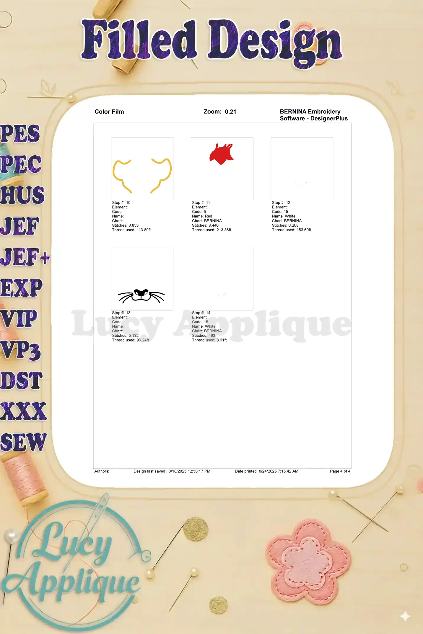 Detailed color film showing individual steps and thread usage for the Lion Guard Kion embroidery design.