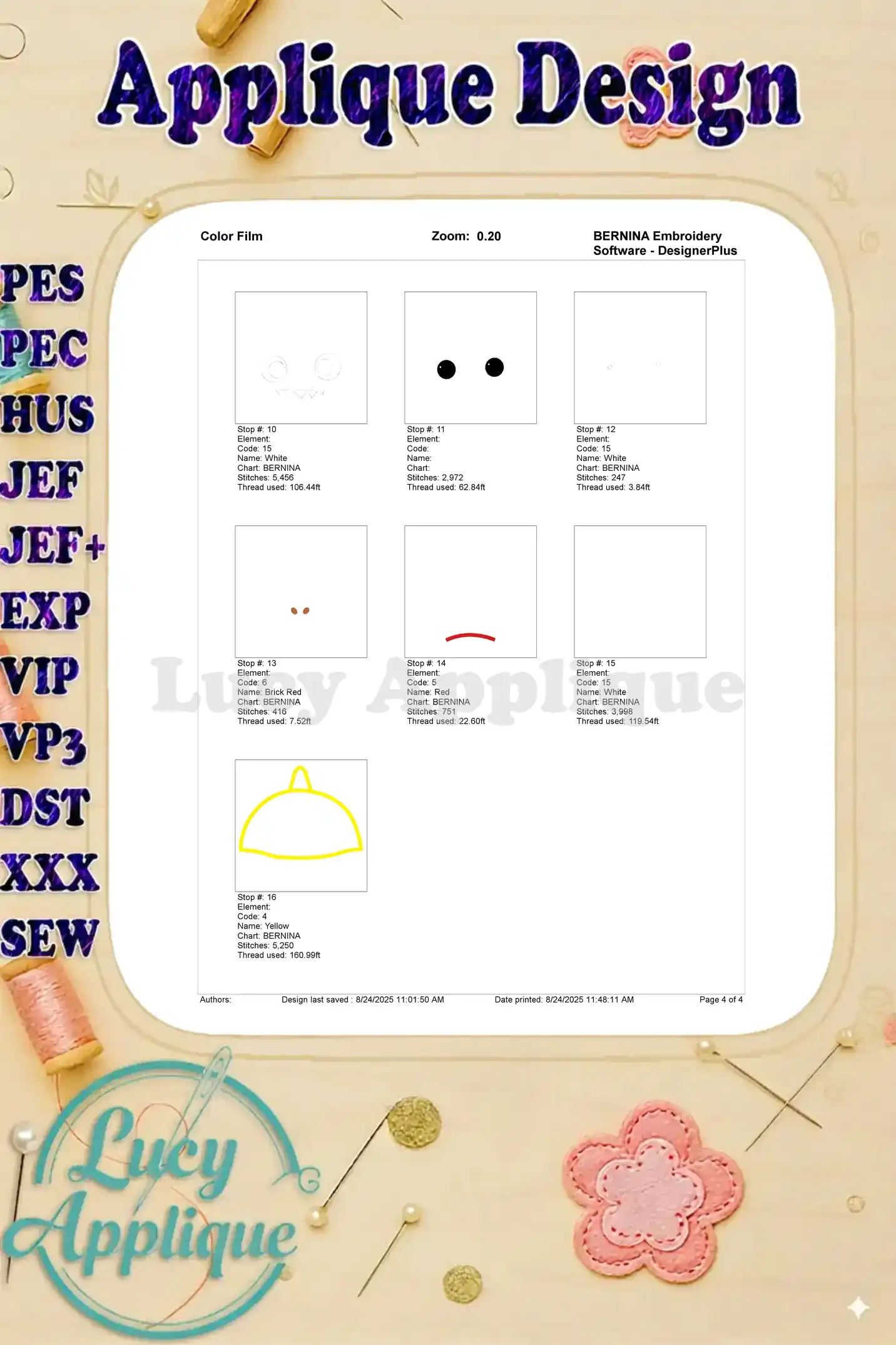 Color film, continuation of steps 7-16, showing thread usage and placement for embroidering the Baby Shark applique. A visual guide for precise embroidery.