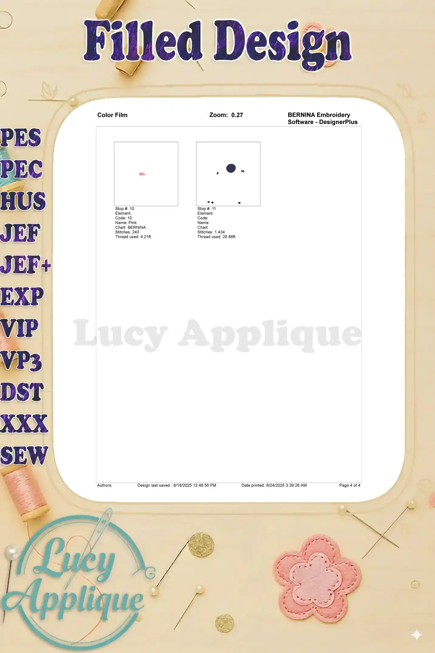 Color film (continued) showing the remaining steps and color sequences for the Lilo & Stitch embroidery design. Clear labels and illustrations for easy reference.