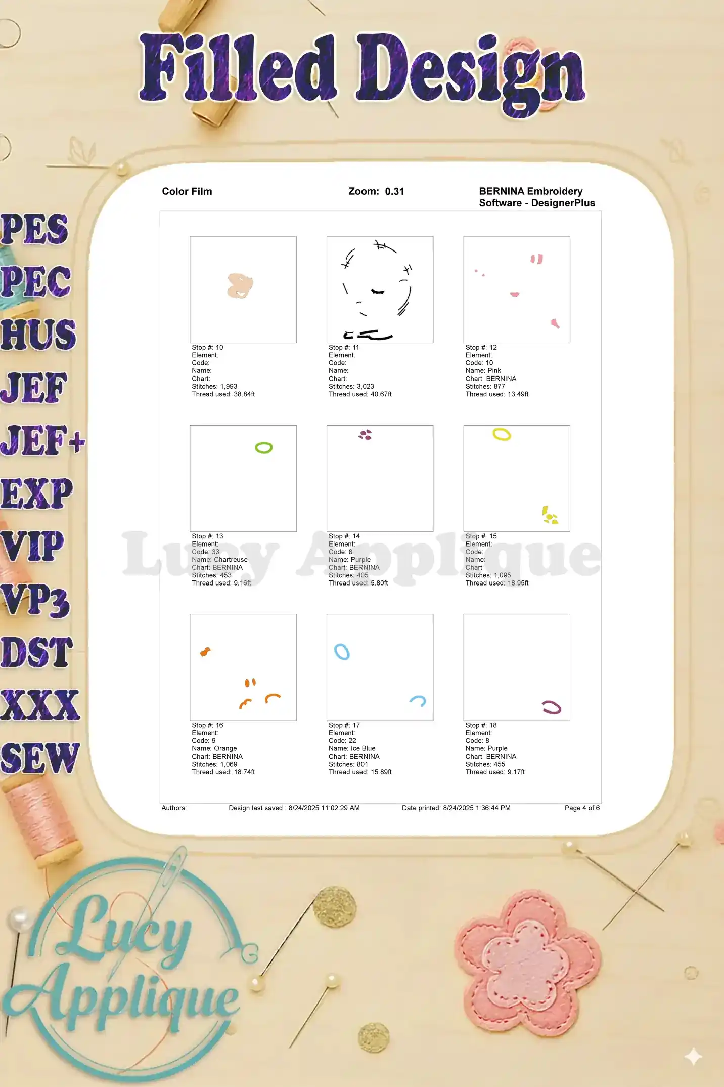 A color film showing the thread colors used in the Easter Eggs Mickey Mouse Fill Embroidery Design. Each color is clearly labeled with its name and code, making it easy to identify and match.