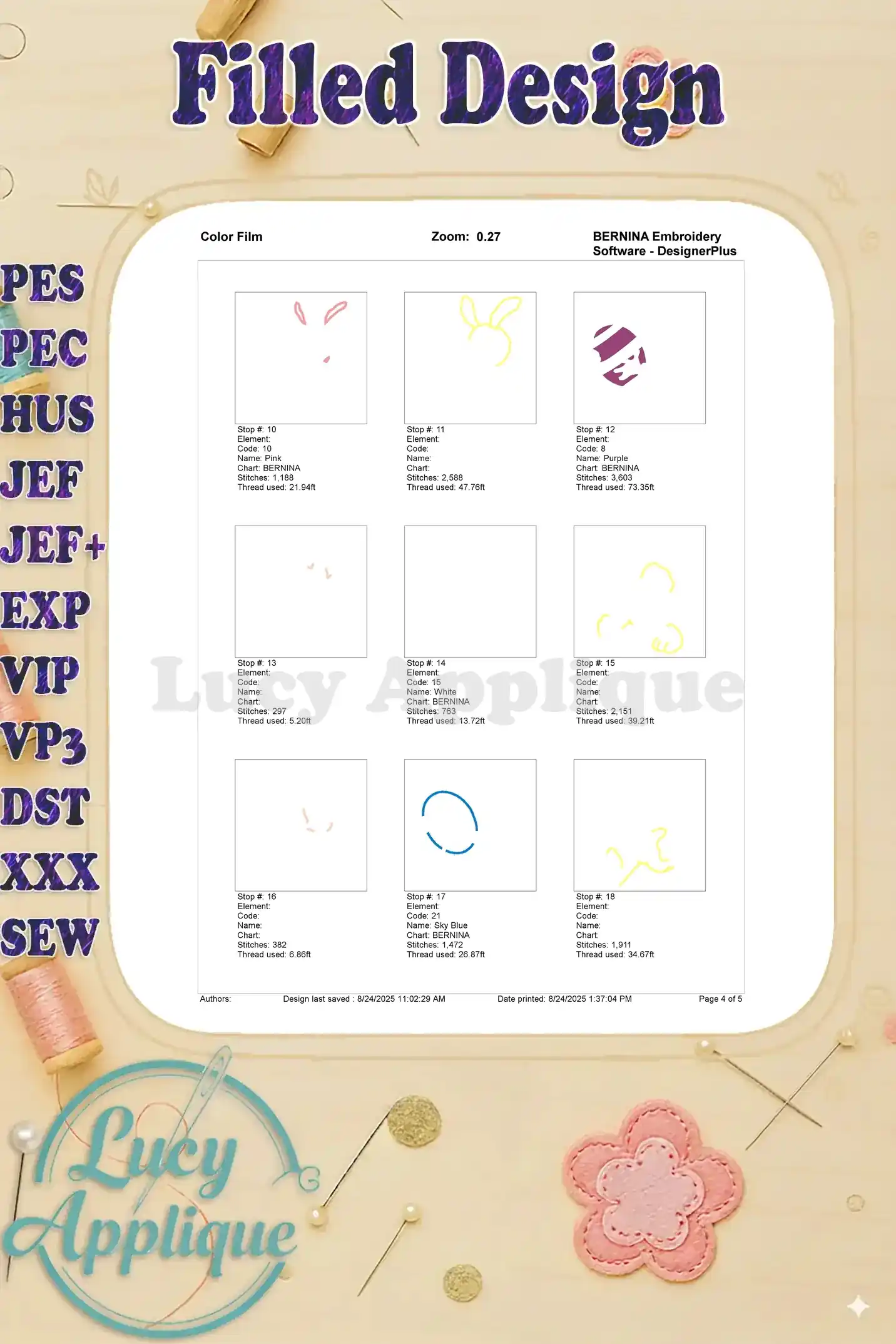 Color film (continued) showing more steps and thread colors for the Easter Mickey Bunny embroidery design. A guide for embroiderers.