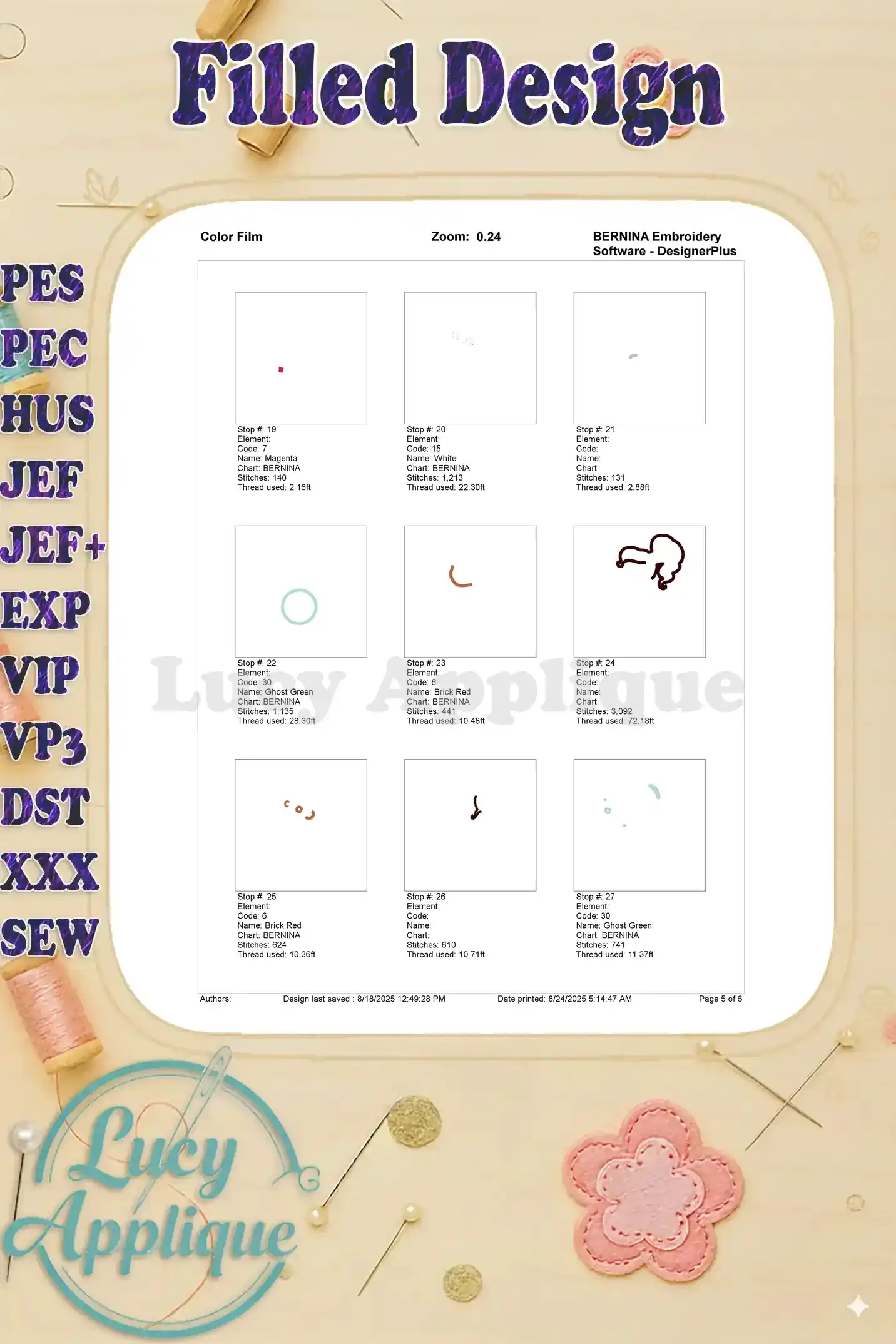Color film (continued) showing individual thread color sections for the Nella the Princess Knight embroidery design, facilitating easy color selection and organization.