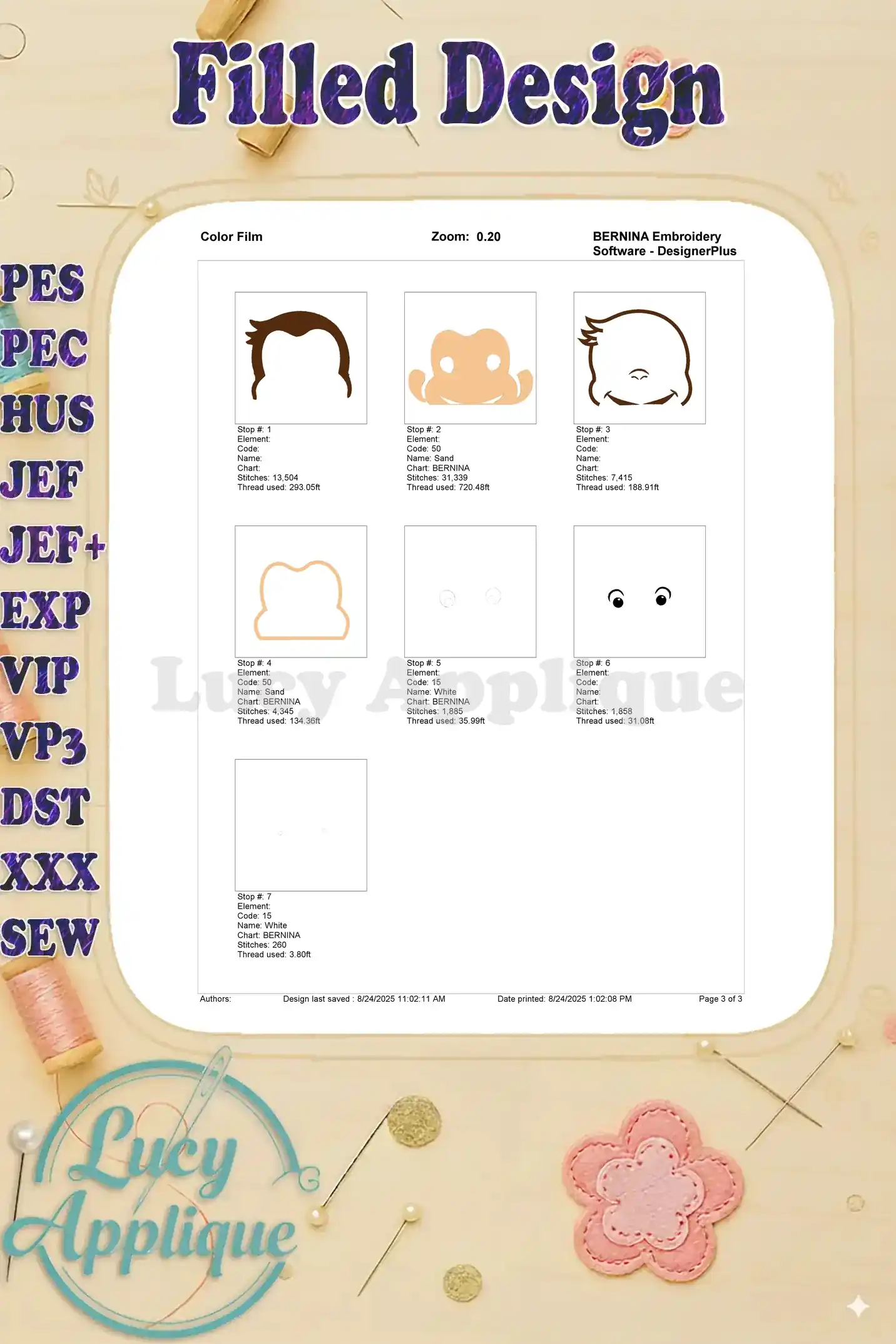 Another color film for the Curious George embroidery design, showing thread colors and placement for each step. A visual guide for embroiderers.