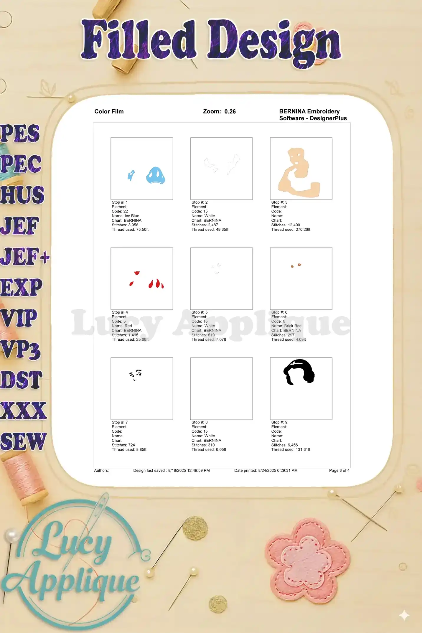 Color film for Snow White embroidery showing individual color sections and thread usage. Useful for embroidery project preparation.