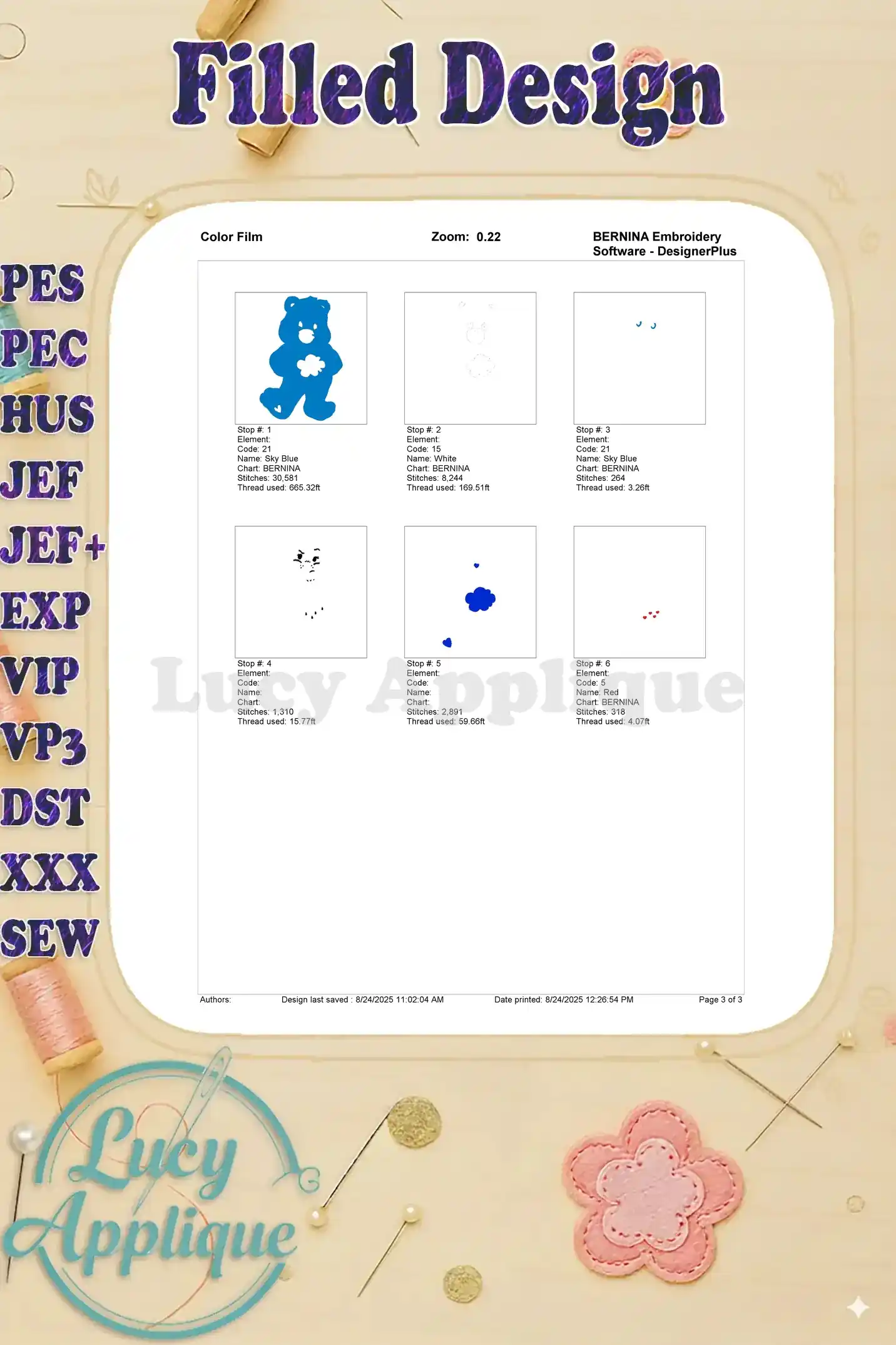 Color film for Grumpy Bear embroidery, showing thread colors and stitch sequences for each step of the embroidery process.