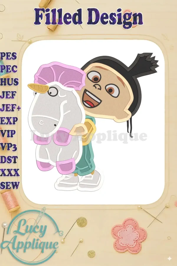 Agnes, from Despicable Me, lovingly hugs a pastel unicorn. This filled machine embroidery design is shown in a preview, showcasing its charm and detail.