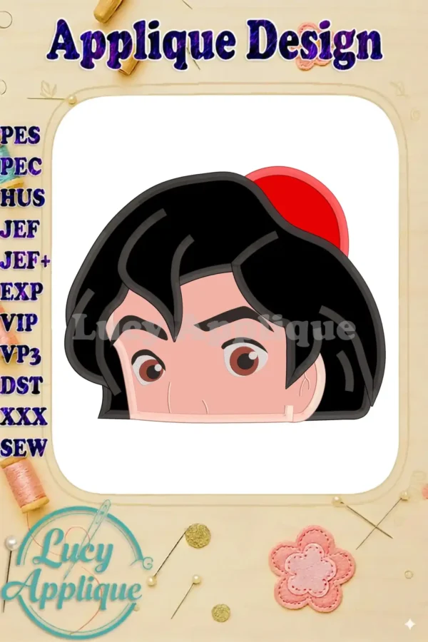 A charming close-up of an Aladdin head applique embroidery design, showcasing the intricate details and vibrant colors in this ready-to-stitch pattern.