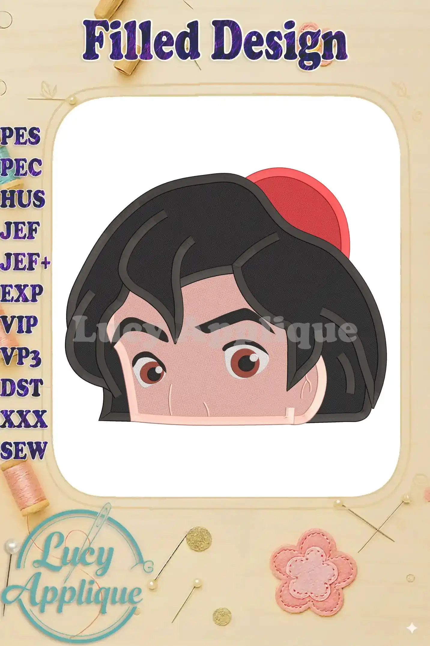 Embroidery design of Aladdin's head, a filled design with detailed features and dark hair. Perfect for Disney fans and embroidery enthusiasts.