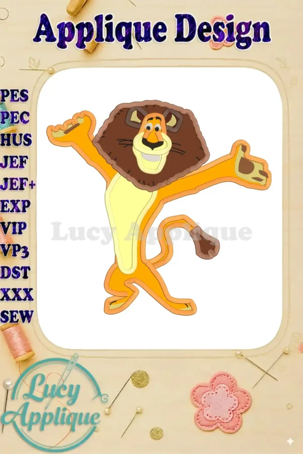 Alex the Lion from Madagascar, depicted in a cheerful applique design, ready to be embroidered. The image showcases different machine file formats.