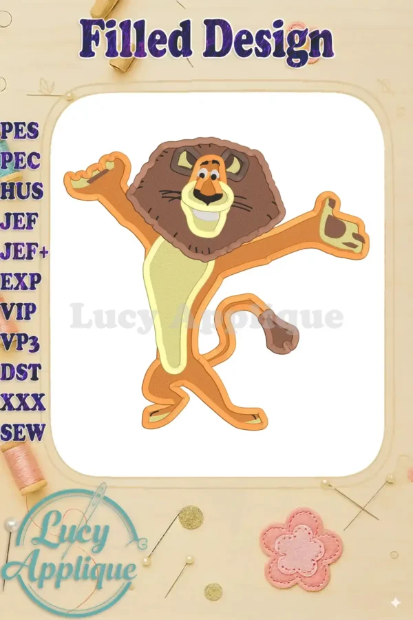 Embroidery design of Alex the Lion from Madagascar, showcasing a cheerful pose with vibrant colors. The design is presented on a beige background with design specs.