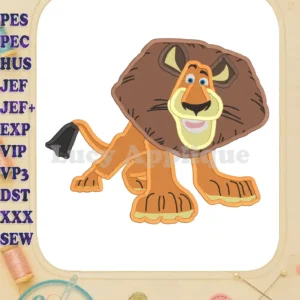 Embroidery design of Alex the Lion from Madagascar. The design is filled and features Alex in a playful, standing pose. Perfect for apparel or home decor.