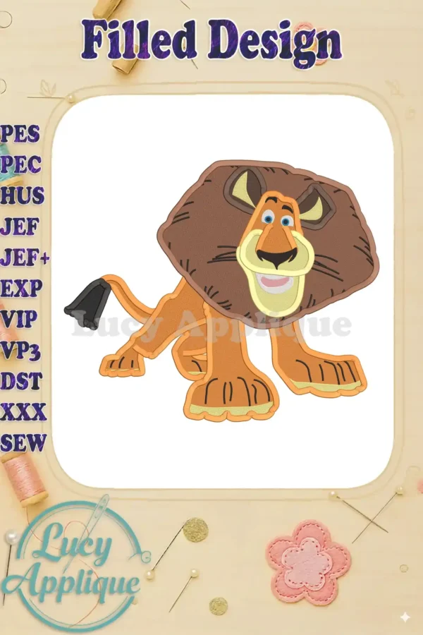 Embroidery design of Alex the Lion from Madagascar. The design is filled and features Alex in a playful, standing pose. Perfect for apparel or home decor.
