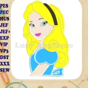 Alice in Wonderland applique embroidery design showcasing Alice's portrait in a blue dress. The design is presented on a white background, surrounded by decorative elements.