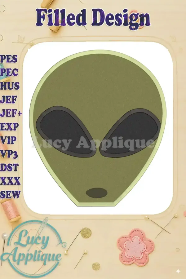 A charming alien head embroidery design in olive green and gray, ready to be stitched. Includes various machine embroidery file formats.