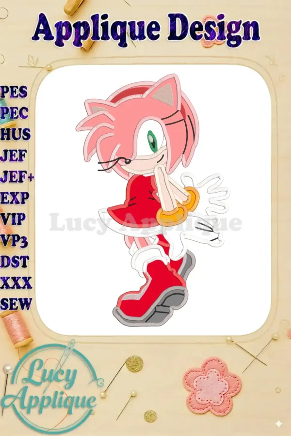 Amy Rose Sonic applique embroidery design showcasing the final product with various embroidery formats listed, ready to stitch on your machine.