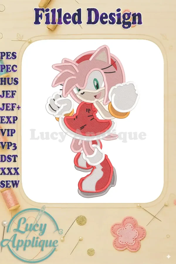 Amy Rose from Sonic the Hedgehog in a filled embroidery design, showcasing vibrant colors and intricate details. Perfect for adding a fun character to your projects.