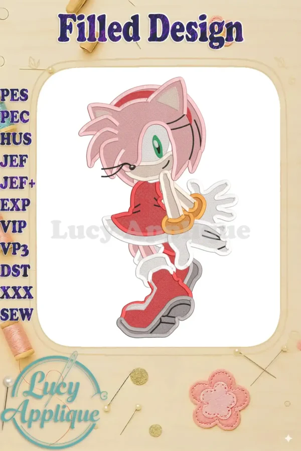 Amy Rose from Sonic the Hedgehog, a filled embroidery design in pink and red, shown in a digital preview on a light wooden background.