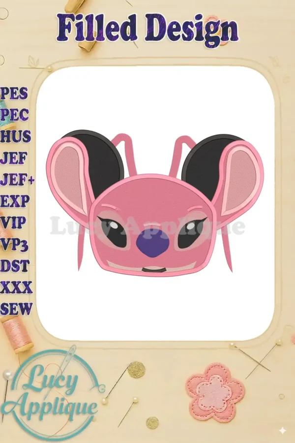Embroidery design of Angel from Lilo & Stitch, showcasing her pink face and large ears. Filled stitch style, ready to be stitched on fabric.