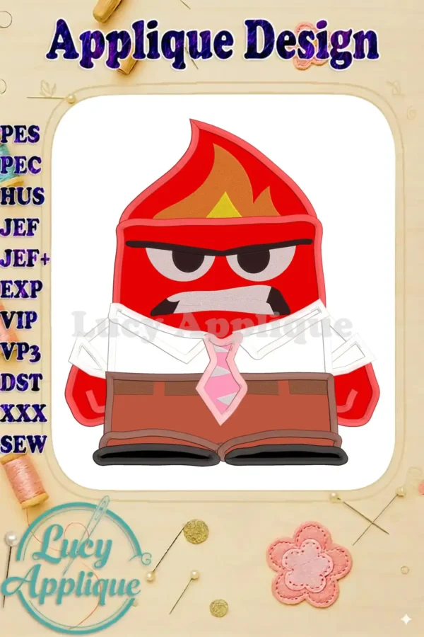 Embroidery design of Anger from Inside Out, a fiery red character in a collared shirt and tie, ready for applique. Design includes various stitch types, shown in the image.