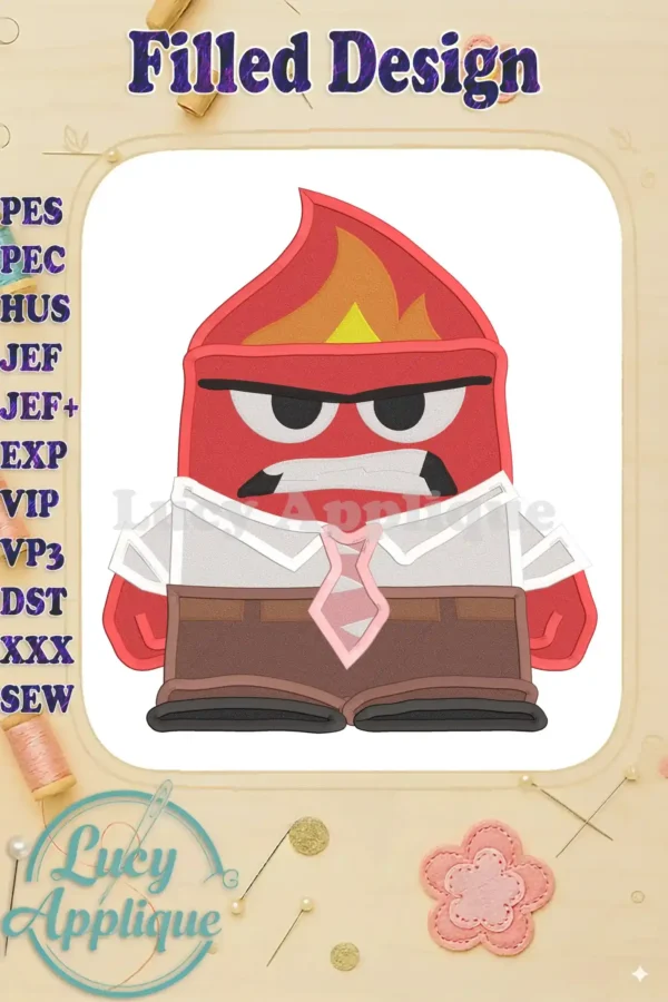 Embroidery design of Anger from Disney Pixar's Inside Out, in a filled stitch style. The design shows Anger in his signature attire, with a fiery head.