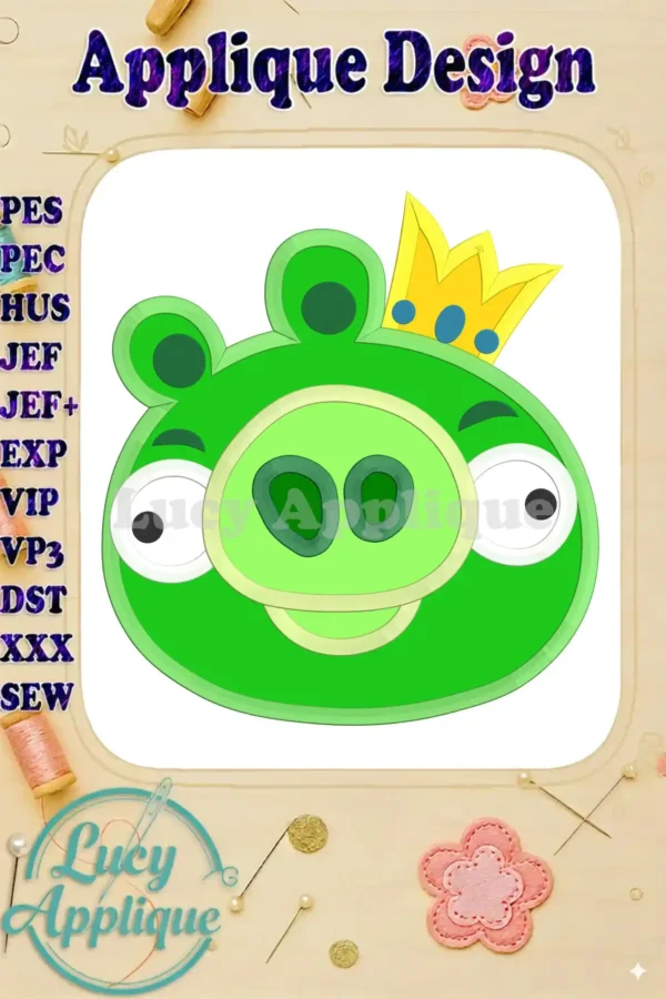 Embroidery design of King Pig from Angry Birds, wearing a crown. Applique style, bright green, simple design. Perfect for beginner embroiderers.