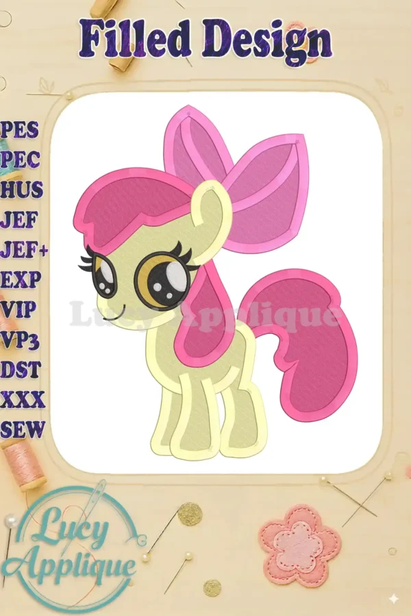 Adorable Apple Bloom My Little Pony, filled machine embroidery design. Perfect for adding a touch of Equestria to your projects. Pink and yellow.