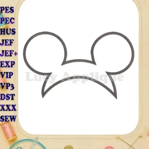 Line art design of Mickey Mouse ears, ready for applique embroidery. Includes various machine embroidery file formats for easy use.