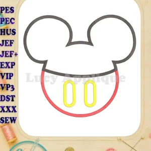 Main image showcasing a Mickey Mouse head applique embroidery design, featuring a red bottom and yellow buttons, ready to be stitched.