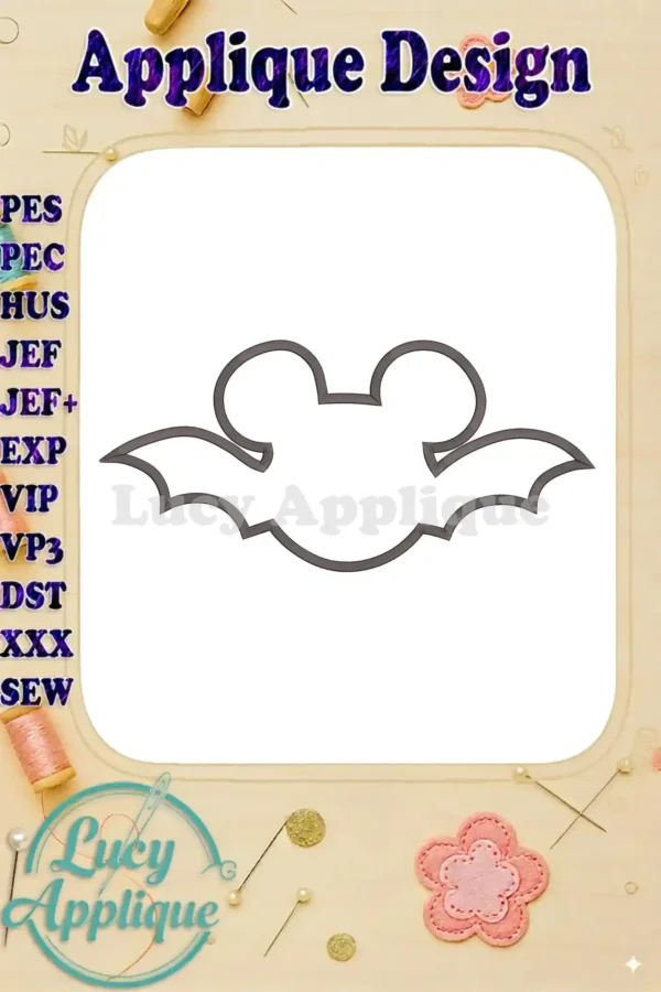 Line art design of Mickey Mouse shaped as a bat with wings; applique design template for embroidery. Includes various file formats like PES, JEF, etc. for different embroidery machines.