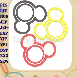 Main image showing three color variations of a Mickey Mouse applique embroidery design. Includes design details and supported file formats.