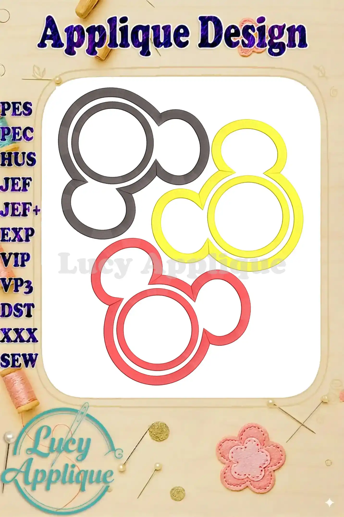 Main image showing three color variations of a Mickey Mouse applique embroidery design. Includes design details and supported file formats.