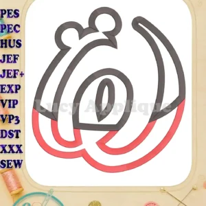 Applique design of Mickey Mouse's head, featuring red and gray outlines. Various embroidery file formats are listed. Ideal for sewing projects.