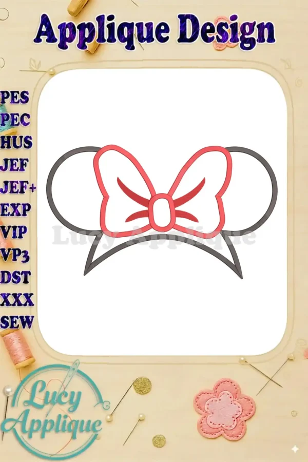 Minnie Mouse applique embroidery design showcasing a red bow on gray ears. Includes various machine file formats like PES, JEF, HUS, VIP, and more. Perfect for beginners!