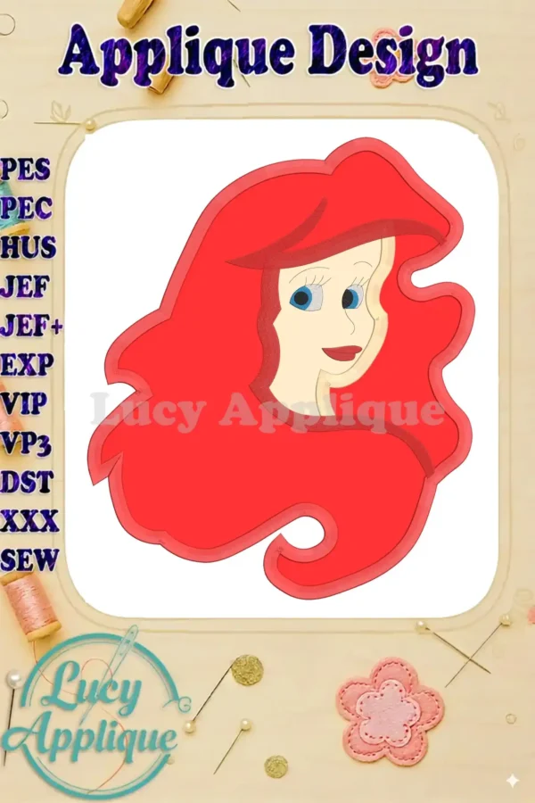 Ariel Disney Applique Embroidery Design showcasing a charming close-up of Ariel's face, vibrant red hair, and detailed applique style. Perfect for adding a magical touch to your projects.