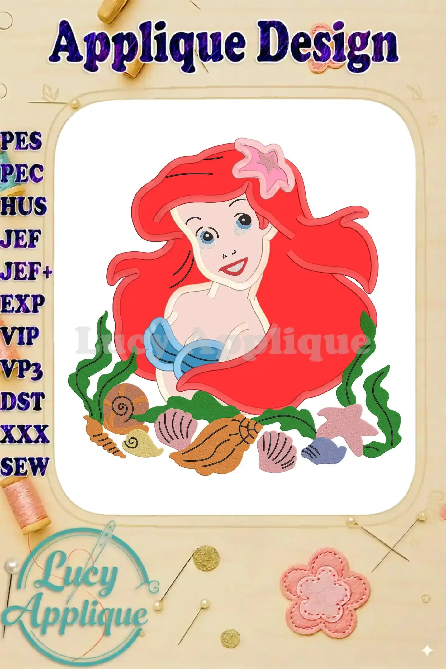 Ariel the Little Mermaid applique embroidery design showcasing Ariel surrounded by seashells and seaweed. The design is presented on a white background, with the design file formats listed on the left.