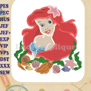 A filled embroidery design of Ariel from The Little Mermaid, surrounded by seashells and seaweed. The design is vibrant and detailed, showcasing Ariel's signature red hair and seashell-adorned bodice.