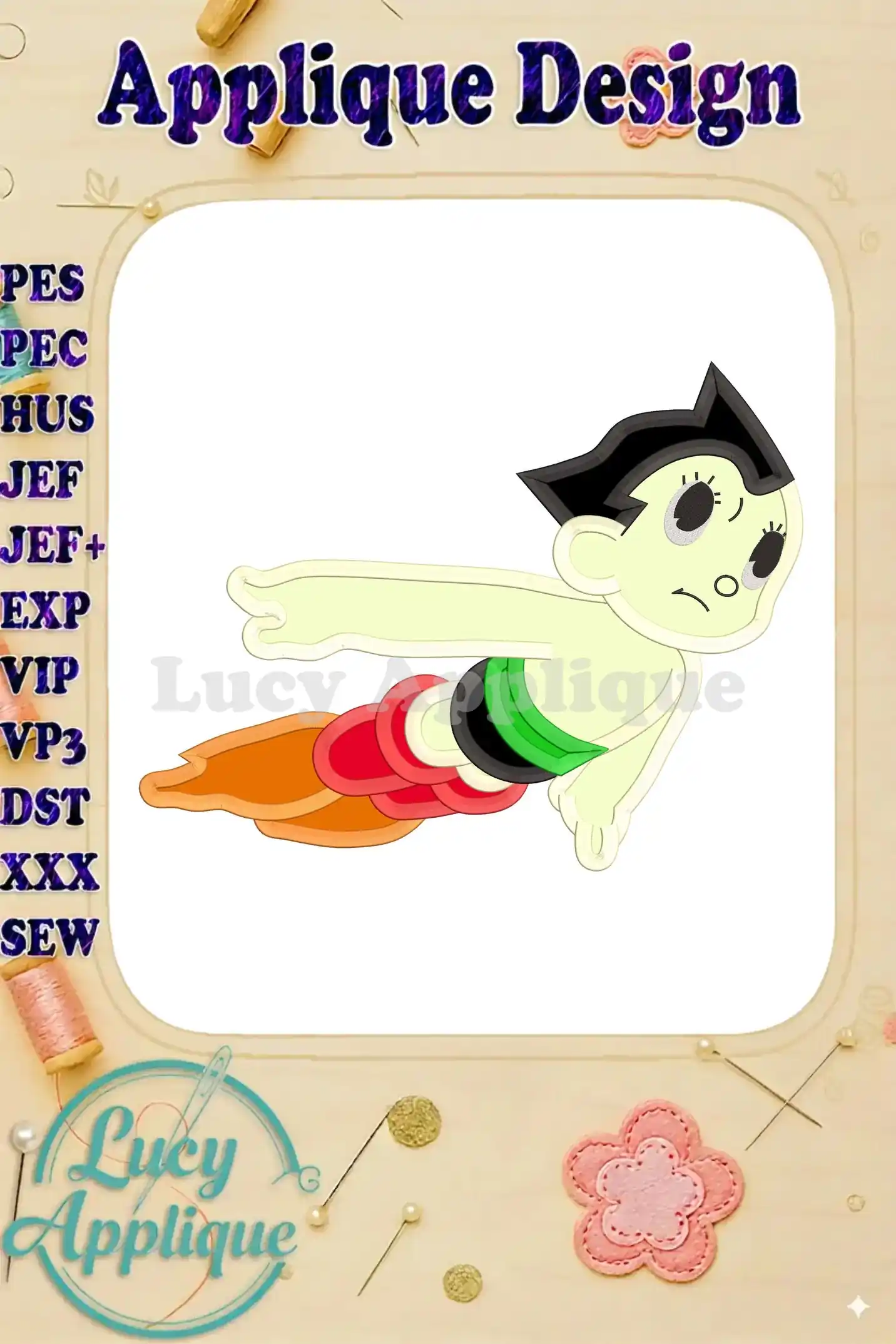Astro Boy flying applique embroidery design. Colorful, cartoon-style image of Astro Boy in flight, ready to be stitched. Includes various file formats for different embroidery machines.