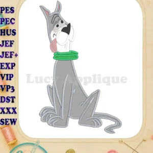 Embroidery design of Astro, the dog from The Jetsons, in a sitting position. The design is presented as an applique, ready to be stitched. It showcases various stitch types and color variations.