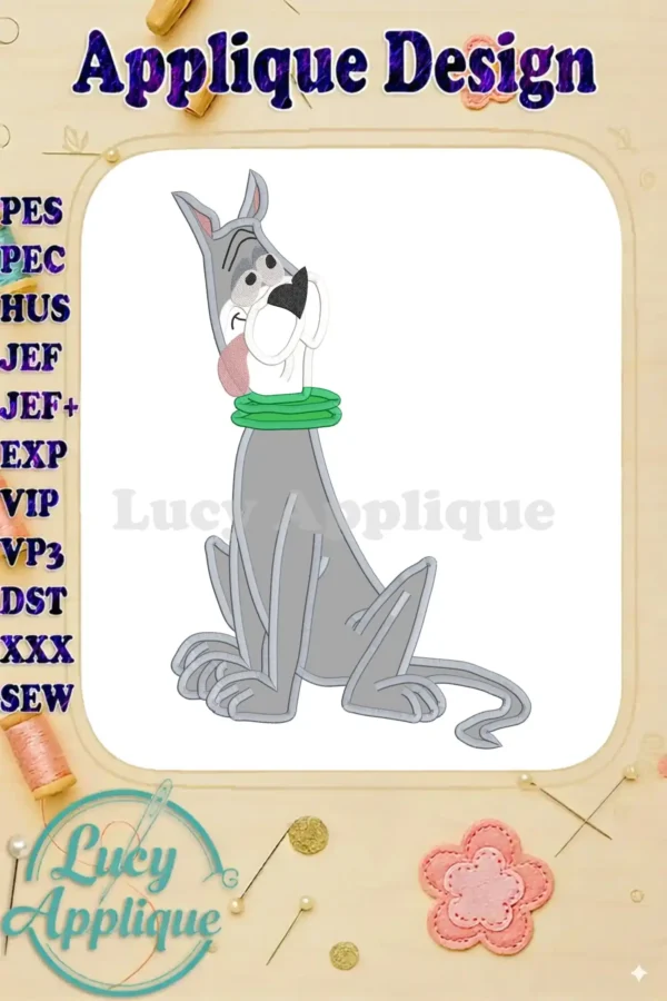 Embroidery design of Astro, the dog from The Jetsons, in a sitting position. The design is presented as an applique, ready to be stitched. It showcases various stitch types and color variations.