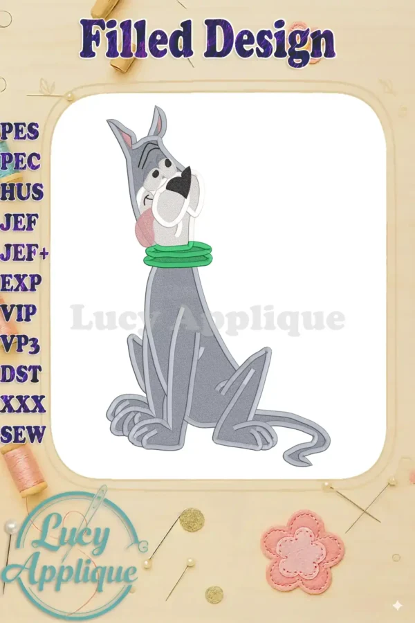 Embroidery design of Astro, the dog from The Jetsons, in a sitting position. The design is filled and features a green collar.