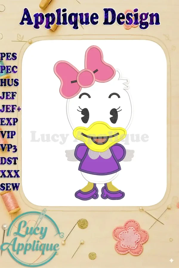 A charming applique design of Baby Daisy Duck, showcasing her in a purple dress and pink bow. The design is surrounded by various embroidery file format options.